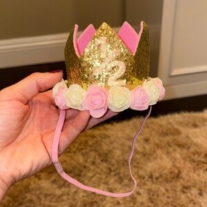 Gold Glitter Floral Baby Crown - Pink & Cream